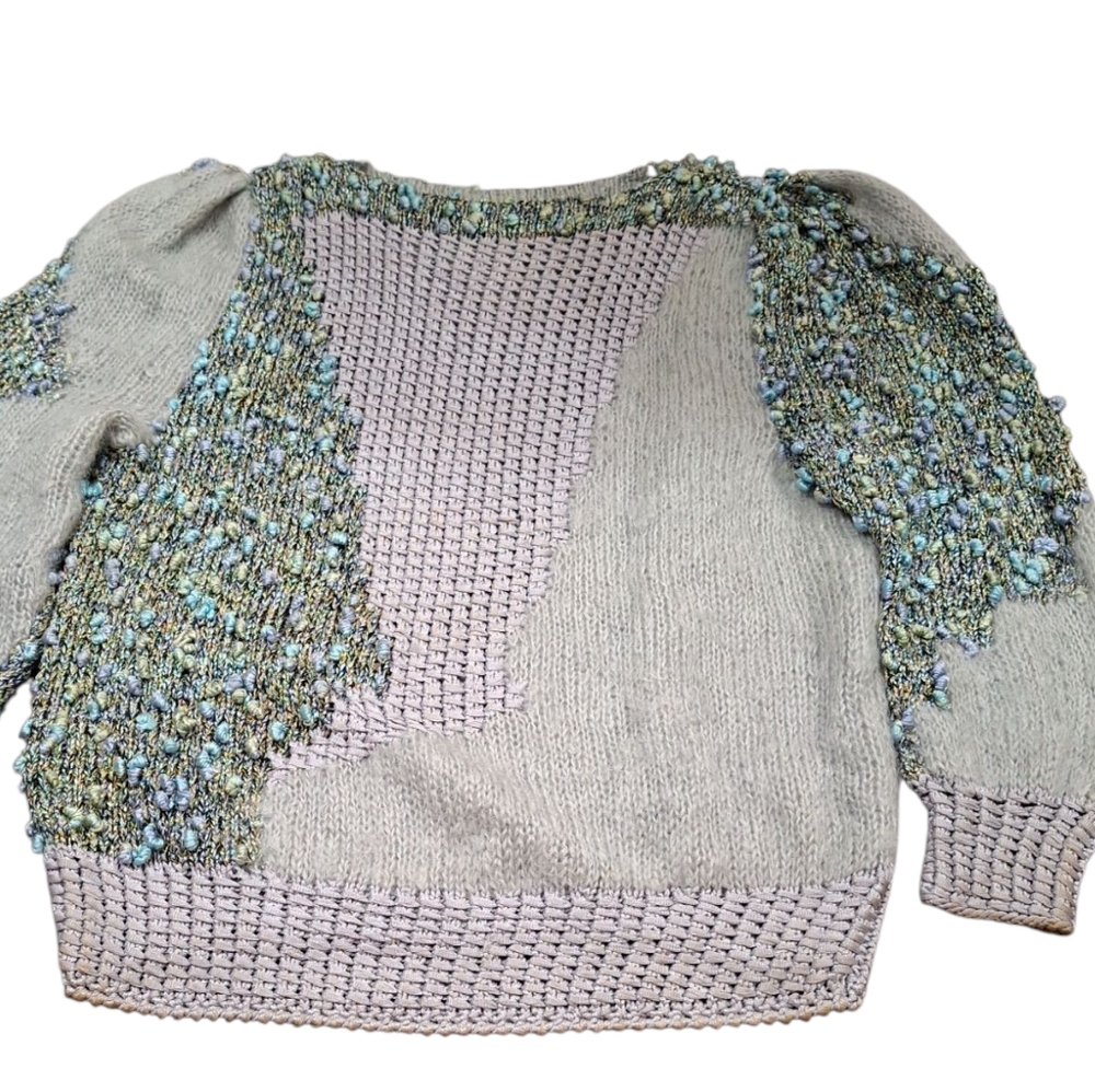"80's"Gray and Blue Crew Neck Sweater with Textured Knit. Needs Some Repairs..